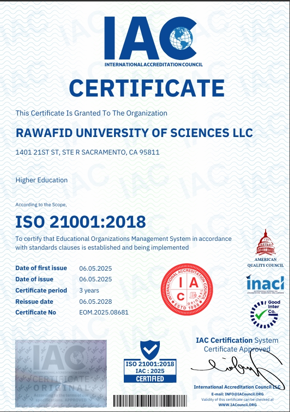 جامعة روافد للعلوم تحصل على شهادة الجودة العالمية ISO 21001:2018